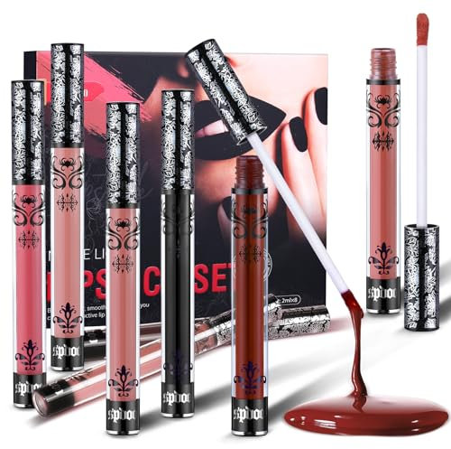 8 Stück Flüssig Lippenstift Set - Nude Pink Rot Schwarzer Matt, Langanhaltend Wasserfest - Non-Stick Cup Velvet Lipgloss Lip Makeup Geschenke für Frauen