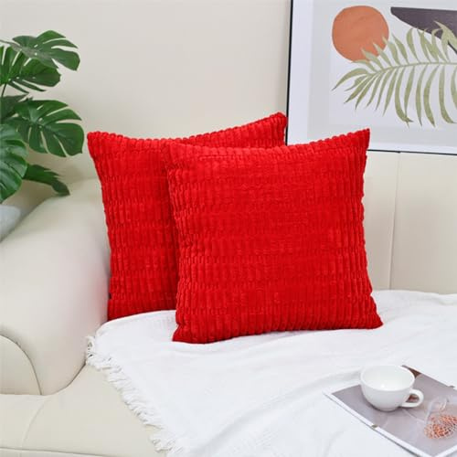 NSXIN Kordsamt Kissenbezug Weiche Gestreifter Kissenhülle 2er Set Dekorative Sofakissen, Couchkissen Moderne Zierkissenbezug Kuschelkissen für Schlafzimmer Wohnzimmer (50x50cm,Rot)