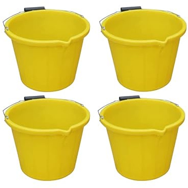 Set of 4 - Strong Heavy Duty 3 Gallon 14L Litre Plastic Builders Bucket Metal Handle, Pouring Lip, Measuring Guide - Water Storage Construction Cleaning Gardening Animal Feeding Made in UK (Yellow)