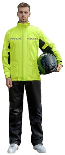 Harssidanzar Hommes Combinaison de pluie pour moto Veste de pluie légère et pantalon de pluie avec bandes réfléchissantes pour la pêche Randonnée SM301EU,Jaune,Taille L