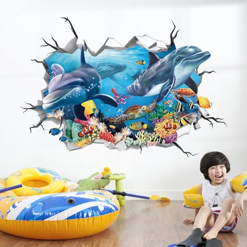 decalmile Wandsticker 3D Delfine Unter dem Meer Wandtattoo Ozean Fische | Abziehbare und Aufklebbare Wandaufkleber, DIY Abnehmbare Wandkunst Abziehbilder, Wandfreundlich, Leuchtenden Farben