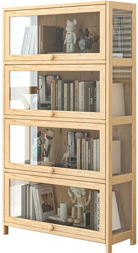 LoKori Modernes Bücherregal aus Massivem Holz, Vitrine aus Acryl mit Aufklappbarer Tür, Bücherregal aus Holz Zur Aufbewahrung von CDs/Filmen/Büchern,4Tier-70cm