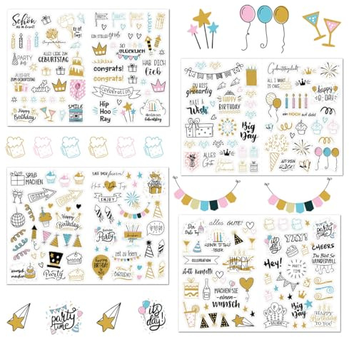 ZAMXHUG Pegatinas de Cumpleaños - 4 Hojas 225 Piezas para Libro de Visitas, Álbum de Fotos, Tarjetas, Invitaciones y Regalos