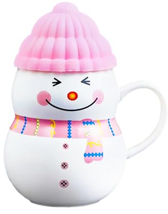 Weihnachten Tasse, Keramik-Teebecher in Schneemannform mit Weichem Kunststoffdeckel aus C-Material in der Gleichen Farbe, 400ml (Rosa)