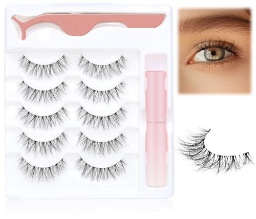 Obeyalash Faux Cils 5 paires Faux Cils Naturels Bande Transparente Look Naturel Cils Souples et Duveteux avec Adhésif Auxiliaire pour Cils