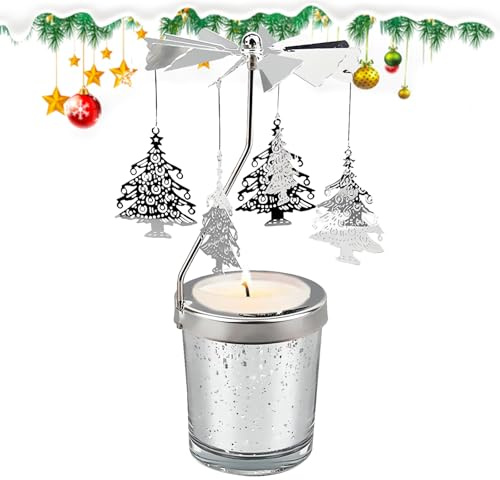 Portavelas de Navidad, Metal Giratorio Candelabro Árbol de Navidad Santa Claus de Vidrio Giratorio Giratorio Candelabro Carrusel de Plata Candelabro para Navidad Boda Decoración del Hogar (A)
