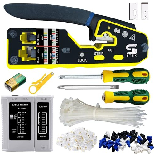 RJ45 Crimp Tool Kit with Cable Tester, Ethernet Crimper for Cat5, Cat5e, Cat6 Connectors, Network Cable Crimp Cutter Stripper, LAN Installation Repair Tool Kit for Home Office Professional Use