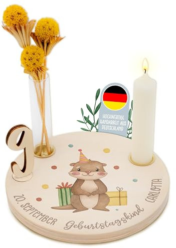 Lilleta® Personalisierter Geburtstagsteller aus Holz (007.01.) mit Kerzenhalter, Vase & Zahlen - Geburtstagskranz mit Name, Geburtstagsring für Kinder, Geburtstagstisch Deko, Geburtstagsteller Holz