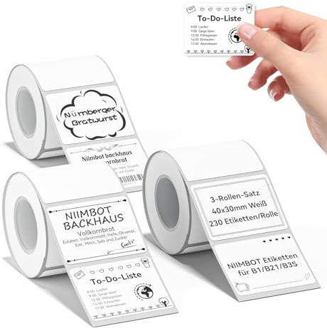 NIIMBOT Etiketten Selbstklebender Etikettenband für B1 / B21 / B3S Etikettendrucker, 40 x 30mm 230 Etiketten/Rolle, 3-Rollen Thermo-Etikettenband für Supermärkte, Einzelhandel, Büro, Weiß