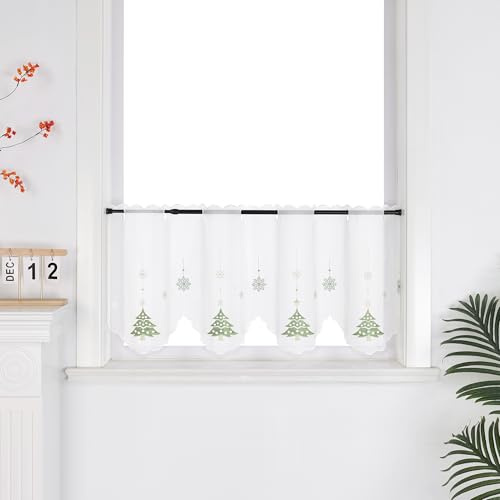 Joyswahl Scheibengardine Voile Bistrogardinen durch Lochleiste Transparent Kurzstores mit Weihnachten Muster Weihnachtsgardine mit grünes Weihnachtsbaum-Muster HxB 60x120cm 1er Pack
