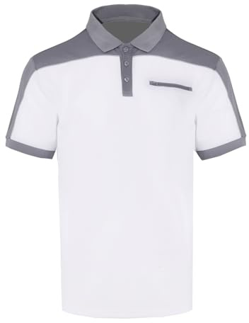 WORK IDEA Polo för män, kortärmad arbetsskjorta, 100 % polyester, kontrastfärger, Vit, L