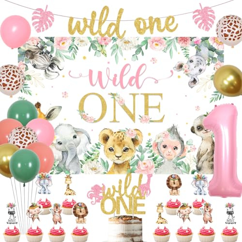 kreat4joy Wild One Birthday Decorations Girl, Jungle Animal 1st Birthday Party Wild One Backdrop Banner Cake Cupcake Topper Sage Green Pink 1 Foil Balloon for Girls Pink Safari 1st Birthday Party