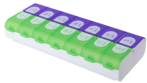 EZY DOSE Pill Organizer Weekly (7-Day), Medicine Planner, Vitamin Box, Daily Planner Case, 2 Times a Day, AM PM, Large Compartments, Easy Fill All Compartments at Once, Green and Purple, BPA Free
