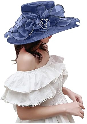 SRZYMJ Marine Damen Organza Kirche Fascinator Hut Elegante Schleife Breite Krempe Brauthut Tea Party Hochzeit Sonnenhut Sonnenhut Damen Extra Großer Krempe Fischerhut Für Tennis