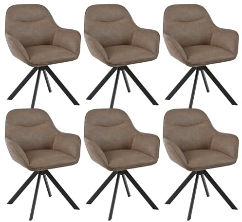 Goeurvant Esszimmerstühle Drehbar 6er Set mit Armlehne, 360° drehbar, Polsterstuhl Kunstleder, Drehstuhl Esszimmer, Küchenstuhl mit Metallbeine für Esszimmer, Küche, Dunkelbraun