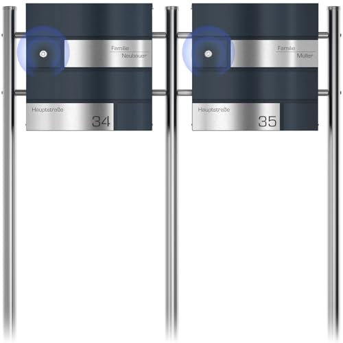 Graviers Design Cassetta delle lettere doppia moderna con campanello radio Supporto - Piastre in acciaio inox personalizzate - Antracite RAL 7016 stelo con serratura Design 1