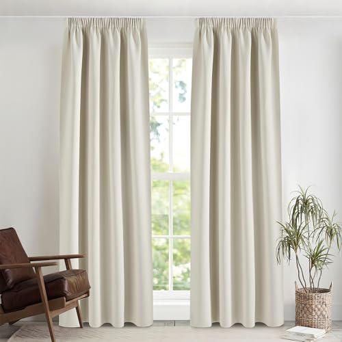 PONY DANCE Thermogardine mit Kräuselband 60-75% Verdunklungsvorhänge | 2er Set, H245xB140cm, Blickdichte Vorhänge, Hitzeschutz, für Schiene, für Schlafzimmer Wohnzimmer Kinderzimmer, Hellbeige