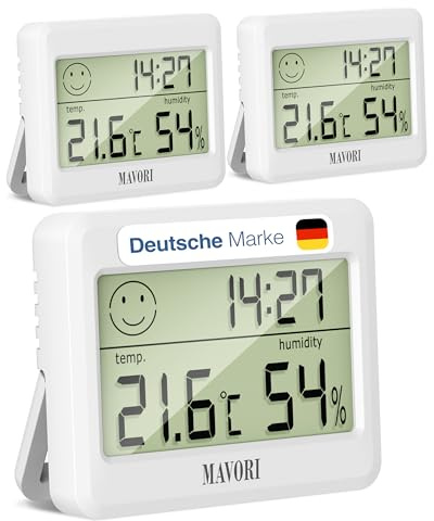 MAVORI® Termometro Igrometro da Interno con Orologio Digitale – Misuratore Preciso di Umidità e Temperatura Ambientale, Sensore Clima, Display LCD, Igrometro e Termometro per Casa, (Bianco, 3pz.)
