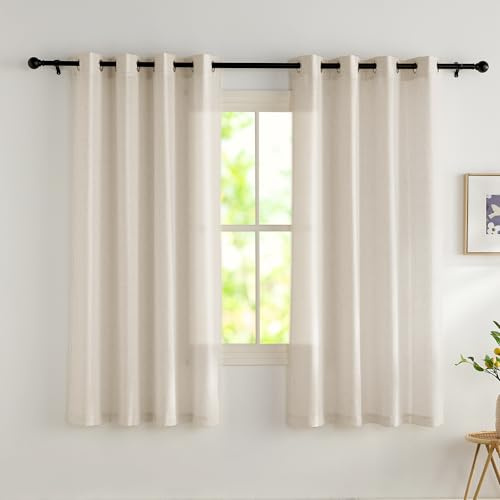 PONY DANCE Wohnzimmer Gardinen Kurz Leinenvorhang Natur 2er Set H 175 x B 140 cm, Leinen Gardinen mit Ösen Halbtransparente Leinenoptik Vorhänge für Küche/Badezimmer Fenster