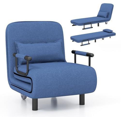 3-in-1 Schlafsofa, zusammenklappbar, mit 5-fach verstellbarer Rückenlehne, Kissen und Rollen, umwandelbare Einzel-Lounge-Couch für Wohnzimmer, Schlafzimmer, Büro