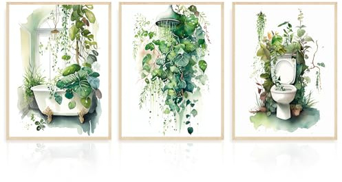 Dazzlewall 3 Stück Botanische Badezimmer Bilder, Salbeigrüne Tropische Blattdrucke für Badezimmer Waschküche Deko 12x16 Zoll Ungerahmt