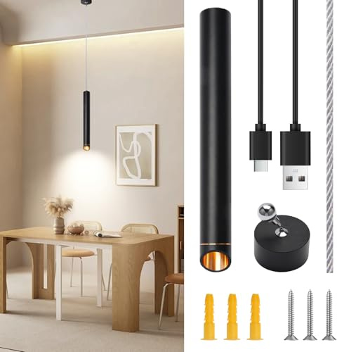 Rechargeable Pendant Lights Fixtures for Kitchen Island, Modern Pendant Light, 6000mAh Battery, 3 Color Dimmable No Wiring Hanging Lights, Adjustable Industrial LED Cylinder Pendant Lamp-Black
