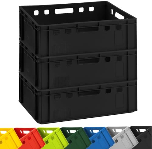 Fleischkiste E2 60x40x20 cm Eurobox 3er Set Schwarz lebensmittelecht robust | BURI, stapelbar, Kunststoff, Made in Germany, Lagerbox, Transportbehälter, belastbar, Normmaß, langlebig, vielseitig