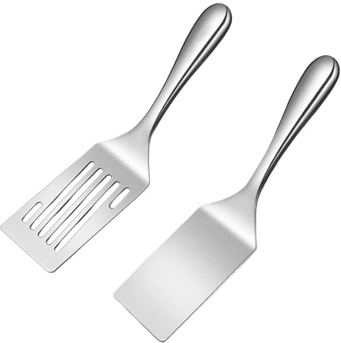 SKDFHOD 2 Stück Edelstahl Grillspachtel Grillwender, Servierspatel-Set aus Edelstahl, Grillwender Set, Pfannenwender, Spachtel Schlitzwender, Geeignet zum Rührbraten und Grillen von Speisen
