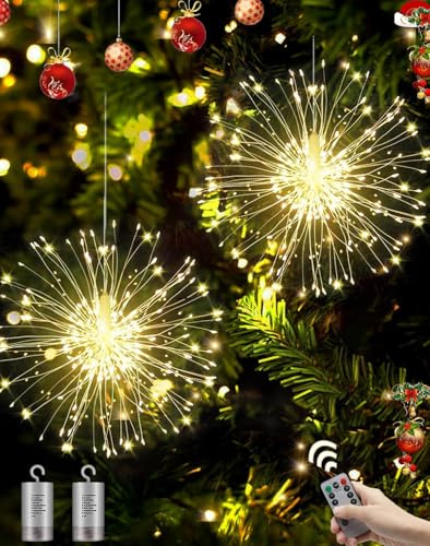 Joysing 2 cadenas de luces de Navidad con 180 LED, efecto fuegos artificiales, baterías incluidas con control remoto, 8 modos, luces de Navidad impermeables, efecto fuegos artificiales para interiores