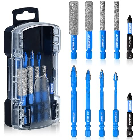 ZNXIMER Diamond Drill Bits Set for Ceramic, Porcelain, Glass, Marble, Tile, Granite, Stone and More - 10pcs Tile Drill Bits for Efficient, Precise Drilling and Milling