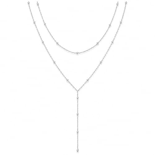 Vayfoni Long Layered Necklace for Women - Silver Necklace Chain with Y-Shaped Beaded Pendant - Minimalist Jewelry Accessory - Trendy Fashion Gift for Her (Silver)