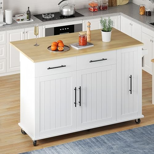 Îlot de cuisine avec abattant, chariot de rangement avec organiseur coulissant à 3 niveaux, étagère de rangement interne, chariot à roulettes avec porte-serviettes et 2 tiroirs pour salle à manger