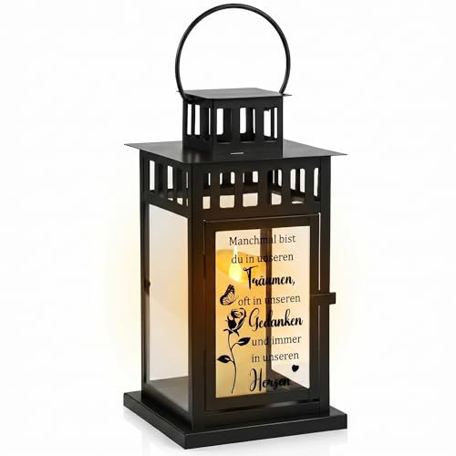 Photect Lanterne Funéraire en Acier Inoxydable aux Intempéries avec Gravure Lampe de Tombe pour Cimetière et Urne Cadeau de Deuil pour Souvenir (Bougie Non Incluse)(27x15x15cm,Träumen,Noir)