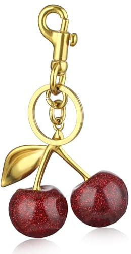 Porte-clés Cerise pour Femme,Charmant Breloque Cerise Rouge avec Anneau Doré,Élégant Porte-clés Femme Accessoire de Sac pour Elle