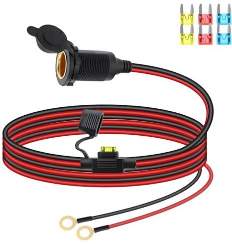 Leloco 12V Zigarettenanzünder Buchse 1M Verlängerungskabel, 20A 14AWG mit Festem Gewinde auf O-Ring-Klemmenkabel und Sicherungshalter für 12V-24V Batterie Strom Wohnmobil KFZ LKW Boot Automontierte