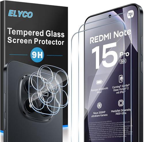 ELYCO Schutzfolie für Xiaomi Redmi Note 15 Pro 5G für Panzerglas, 2+2 Stück | 2 Stück Schutzglas + 2 Stück Kameraschutz, 9H Härte Anti-Kratzer, HD Klar Displayschutzfolie