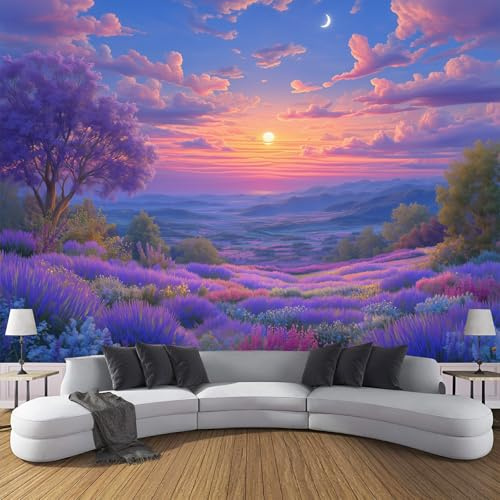 SMBHIAON Papier peint panoramique artistique 450×315 CM - Revêtement mural décoration chambre salon - Coucher Soleil Romantique Et Onirique - Violet - Paysage Champ Lavande