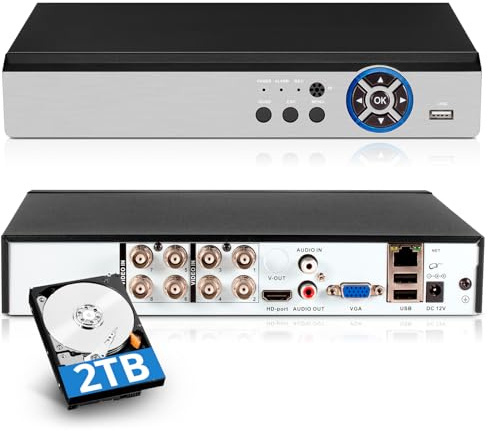 Douevo Registratore DVR di sicurezza a 8 canali con HDD da 2 TB, rilevamento umano/veicolo, H.265+ ibrido 5 in 1 DVR di sorveglianza cablato per telecamere CCTV HD-TVI/CVI/CVBS/AHD/IPC 1080P 5MP