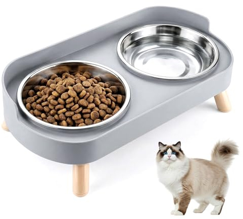 2 x Katzennapf Erhöht - Erhöhter Katzen Napfset Edelstahl Doppelt Katzennäpfe mit Ständer und Spritzschutz rutschfeste Fressnapf Katze Napf - Futternapf Wassernapf Set für Katzen & Kleine Hunde - Grau