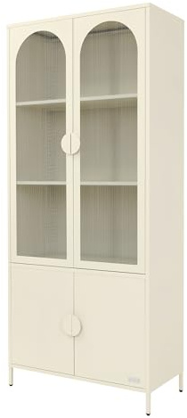ML-Design Vitrinenschrank 80x185x40 cm aus Stahl, Creme, Küchenschrank mit 4 Ablage-/Regalfächer & 4 Türen, Metall Vitrine Hochschrank Bücherschrank Aktenschrank, Aufbewahrungsschrank für Wohnzimmer