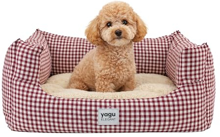 YAGU - Cama para Perros y Gatos T-2 (63x47x23 cm) Cama Confort Diseño Vichy Grana con Interior de Borreguillo Suave. Cojín Reversible, Relleno de Fibra Reciclada, Lavable y Base Antideslizante