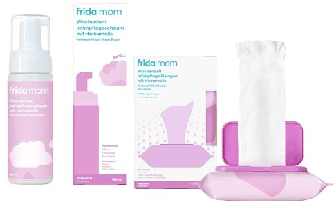 Frida Mom Wochenbett Intimpflege Essentials | Hamamelis Intimpflegeschaum & Pflege-Einlagen | Kühlende Linderung & sanfte Pflege nach der Geburt | Für Klinik & Wochenbett