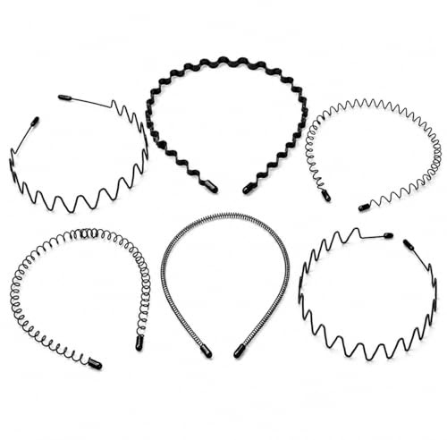 6 Stück Metall Haarband, Haarreifen Männer, Schwarz Wellen Haarbänder, Elastische Stirnbänder für Frauen und Männer, Haarreif für Outdoor, Yoga und Alltag