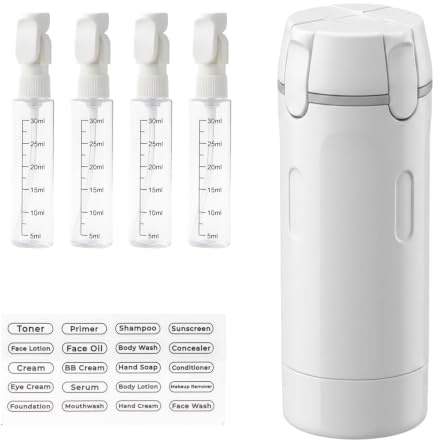 Flacon Distributeur de Voyage 4 en 1, Kit Voyage Produit Toilette Bouteille Silicone Rechargeable Anti-Fuite pour Shampooing Lotion Crème, Contenant Avion avec Étiquette, 120ml (Blanc)