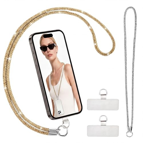 2 Pezzi Cordino per Cellulare Universale con 2 Pezzi Patch,Cordino Cellulare Glitter per Cellulare da Collo Laccio per Cellulare Elegante Y Duradero, Catena per Maggior Parte Smartphone (Oro, Argento)