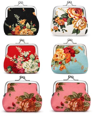 6-Piece Rose Flower Small Coin Purse Set for Women, Mini Pouch and Change Bag for Keys and Items