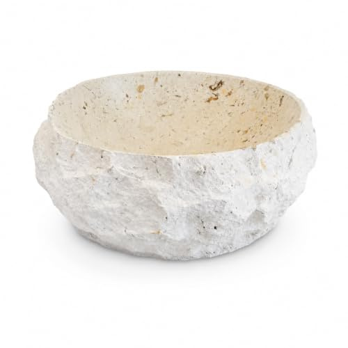 Lavabo da Appoggio in Marmo Beige 42 x 42 x 15 cm, Lavandino Rotondo per Bagno con Interno Levigato ed Esterno Grezzo, Pietra Naturale