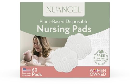 NuAngel Plant‑Based Disposable Nursing Pads for Breastfeeding, 100% Cotton Top Layer, Thin & Breathable Leak Protection – 60 Count