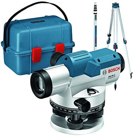 Bosch Professional Optisches Nivelliergerät GOL 26 G (26-fache Vergrößerung, Maßeinheit: 400 Gon, Arbeitsbereich: bis zu 100 m, Messlatte GR 500, Baustativ BT 160, im Transportkoffer)