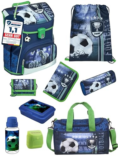 Familando - Scooli Campus Fit Schulranzen Set - 9-teilig mit Sporttasche - Fußball Motiv Blau - Ergonomisch, Stabil & 980g leicht - 18L Volumen - Brustgurt & Reflektoren - Für Grundschule ab 1. Klasse